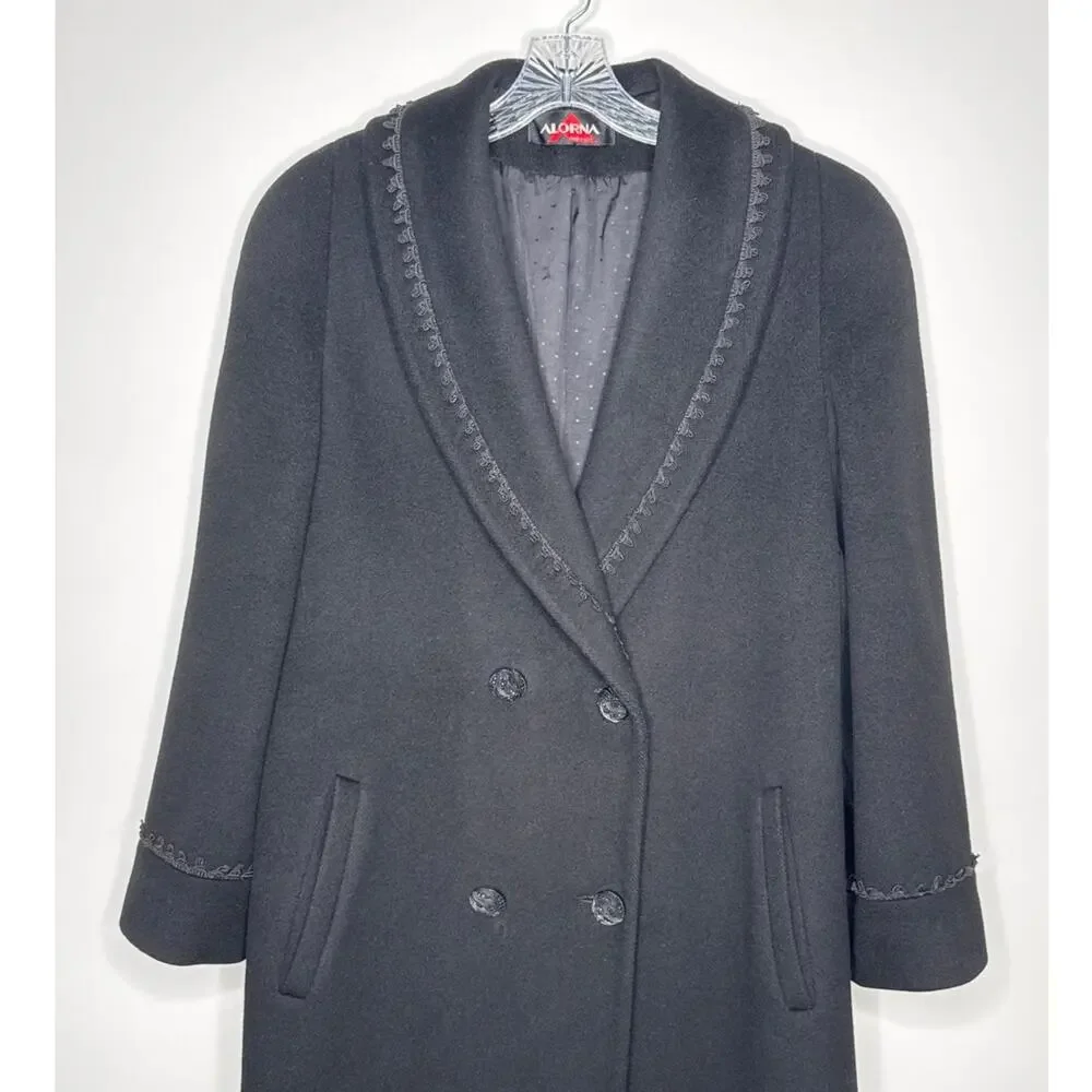 VTG Alorna Black Wool Coat Forstmann Trimmed Shawl Collar double breasted USA M
